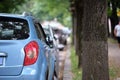 Close up of a car parked on city street side. Urban traffic concept Royalty Free Stock Photo