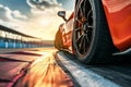 A close up of a car's tire on a racetrack. Generative AI