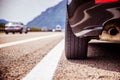 Car is standing on the breakdown lane, asphalt and tyre, Italy Royalty Free Stock Photo