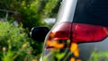 Close-up car tail light gray color. Parking the back of the flower.