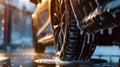 Close-up of a car tire wet with rain on the road Royalty Free Stock Photo