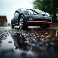 Close up Car tires conquer rain soaked roads, showcasing superior traction