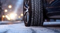 Close up of Car tires in winter on the road covered with snow. Winter tire. Generative Ai Royalty Free Stock Photo