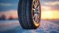 Close up of Car tires in winter on the road covered with snow. Winter tire. Generative Ai Royalty Free Stock Photo