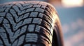 Close up of Car tires in winter on the road covered with snow. Winter tire. Generative Ai