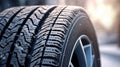 Close up of Car tires in winter on the road covered with snow. Winter tire. Generative Ai Royalty Free Stock Photo