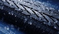 Close up of car tires in winter on snow covered road with winter tire treads for safe driving Royalty Free Stock Photo