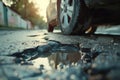 Close up of a car tyre next to a pothole in the road Royalty Free Stock Photo