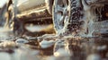 Close-up of a car wheel being washed with soapy foam, creating a bubbly puddle on the ground Royalty Free Stock Photo