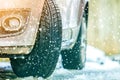 Close-up of car wheel in winter tire on snowy road Royalty Free Stock Photo