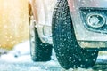 Close-up of car wheel in winter tire on snowy road Royalty Free Stock Photo