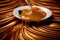 close up of caramel sauce flowing from spoon to background, Frisch gebackenes ganzes HÃÂ¤hnchen mit Honigsauce, AI Royalty Free Stock Photo