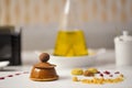 Close-up of a caramelized chocolate and mocha dessert on a platter served on a marble table at a fancy restaurant.