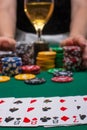 Close-up cards for playing poker on a gaming table in a casino against a background of chips. Background for a gaming business, Royalty Free Stock Photo