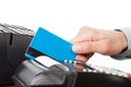 Close-up of cards servicing with POS-terminal Royalty Free Stock Photo