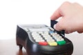 Close-up of cards servicing with POS-terminal Royalty Free Stock Photo