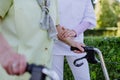 Close-up of caregiver helping senior woman on walk with walker in park. Royalty Free Stock Photo