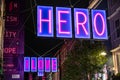 Close up of Carnaby Street 2020 Christmas lights with HERO and CHOOSE LOVE signs in honour of frontline workers during the COVID