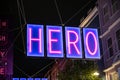 Close up of Carnaby Street Christmas lights 2020 with the word HERO in honour of frontline workers during the COVID 19 pandemic