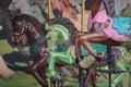 Close up of Carousel that has no customers to play.Colorful three horses in merry-go-round at theme park