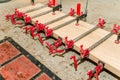 Close up of carpenter fastening board with clamps. Carpentry workshop. Side view Royalty Free Stock Photo