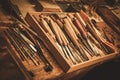 Close-up of the carpenter tools in restorer workshop