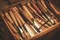 Close-up of the carpenter tools in restorer workshop Royalty Free Stock Photo