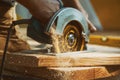 Close-up of a carpenter using a circular saw to cut a large board of wood Royalty Free Stock Photo