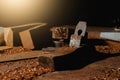 Close-up of a carpenter using a circular saw or a tool . Royalty Free Stock Photo