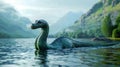 Cartoon Loch Ness monster swimming on a lake. AI generated.