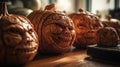 Close up of carved halloween pumpkins. Generative AI Royalty Free Stock Photo