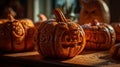 Close up of carved halloween pumpkins. Generative AI Royalty Free Stock Photo