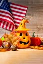 Close up of carved halloween pumpkins on table Royalty Free Stock Photo
