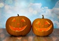 Close up of carved halloween pumpkins on table Royalty Free Stock Photo