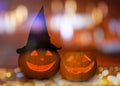 Close up of carved halloween pumpkins on table Royalty Free Stock Photo