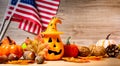 Close up of carved halloween pumpkins on table Royalty Free Stock Photo