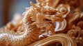 A close up of a carved wooden dragon on top of some wood, AI