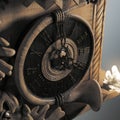 Close up of carved wooden grandfather clock