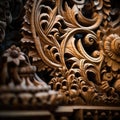 Close up of carved woodwork on a wall, AI