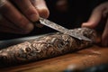 close-up of carving knife, with intricate and delicate work in progress