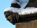 Close up of the carving of a womans face in profile on the corner of the ancient ruined medieval church in heptonstall