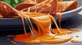 Close-up of cascading melted cheese waterfall, capturing dynamic movement.