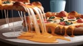 Close-up of cascading melted cheese waterfall, capturing dynamic movement.