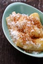 Close up cassava steaming with coconut milk, sesame