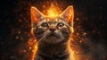 A close up of a cat with glowing eyes and fire around it, AI