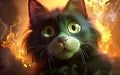 A close up of a cat with glowing wide-open surprised green eyes, cartoon style