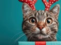 Close-up of cat with large eyes and striped fur, looking at camera Soft lighting Solid colored background with holiday elements Royalty Free Stock Photo