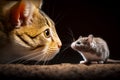 Close up of cat and mouse on table with black background. Generative AI Royalty Free Stock Photo