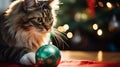 A close-up of a cat playing with a Christmas ornament