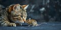 Close-up of a cat playing with a small gerbil mouse. Generative AI Royalty Free Stock Photo